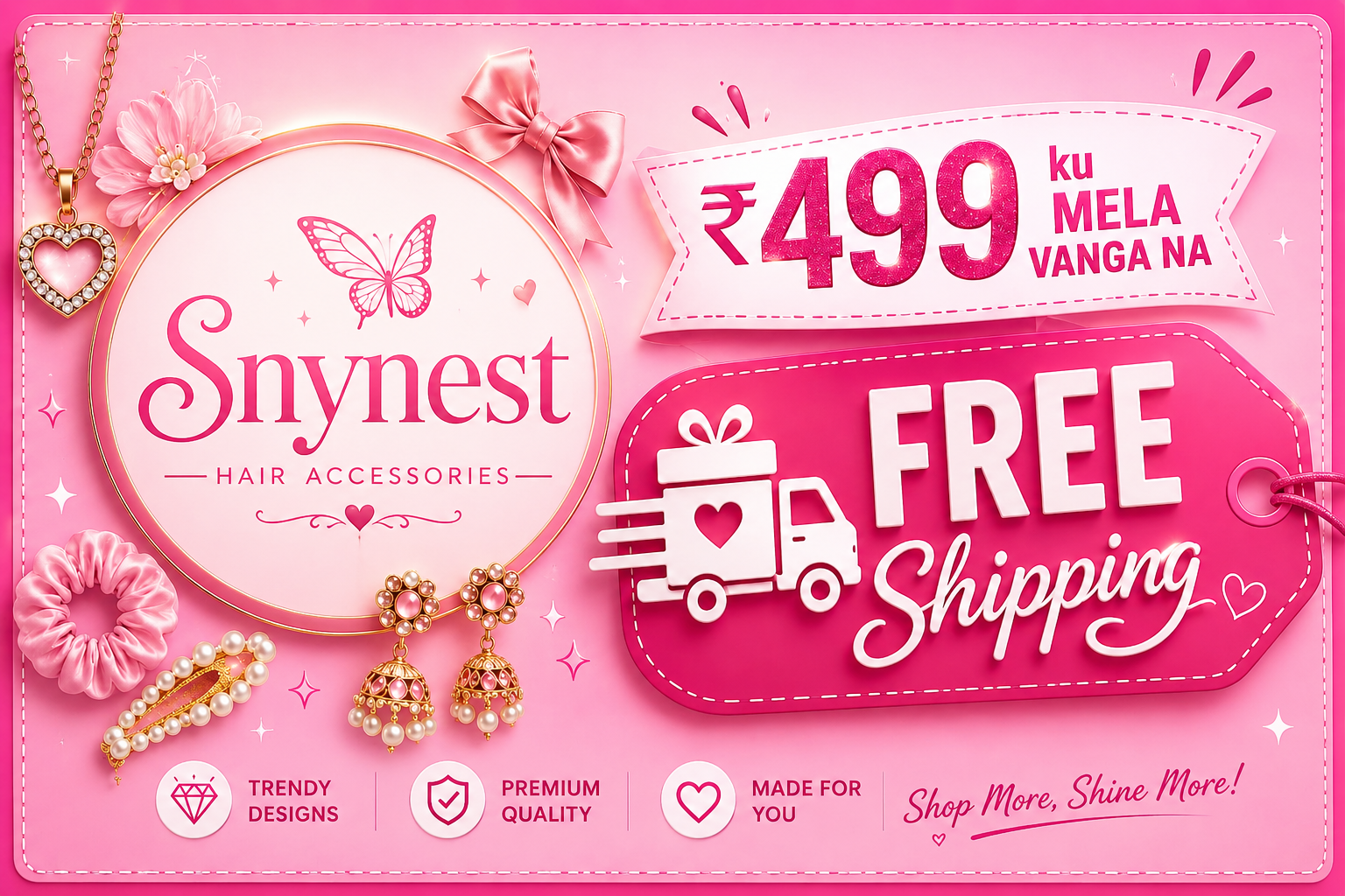 Promotional banner for Sny nest hair accessories with product images and text on a pink background