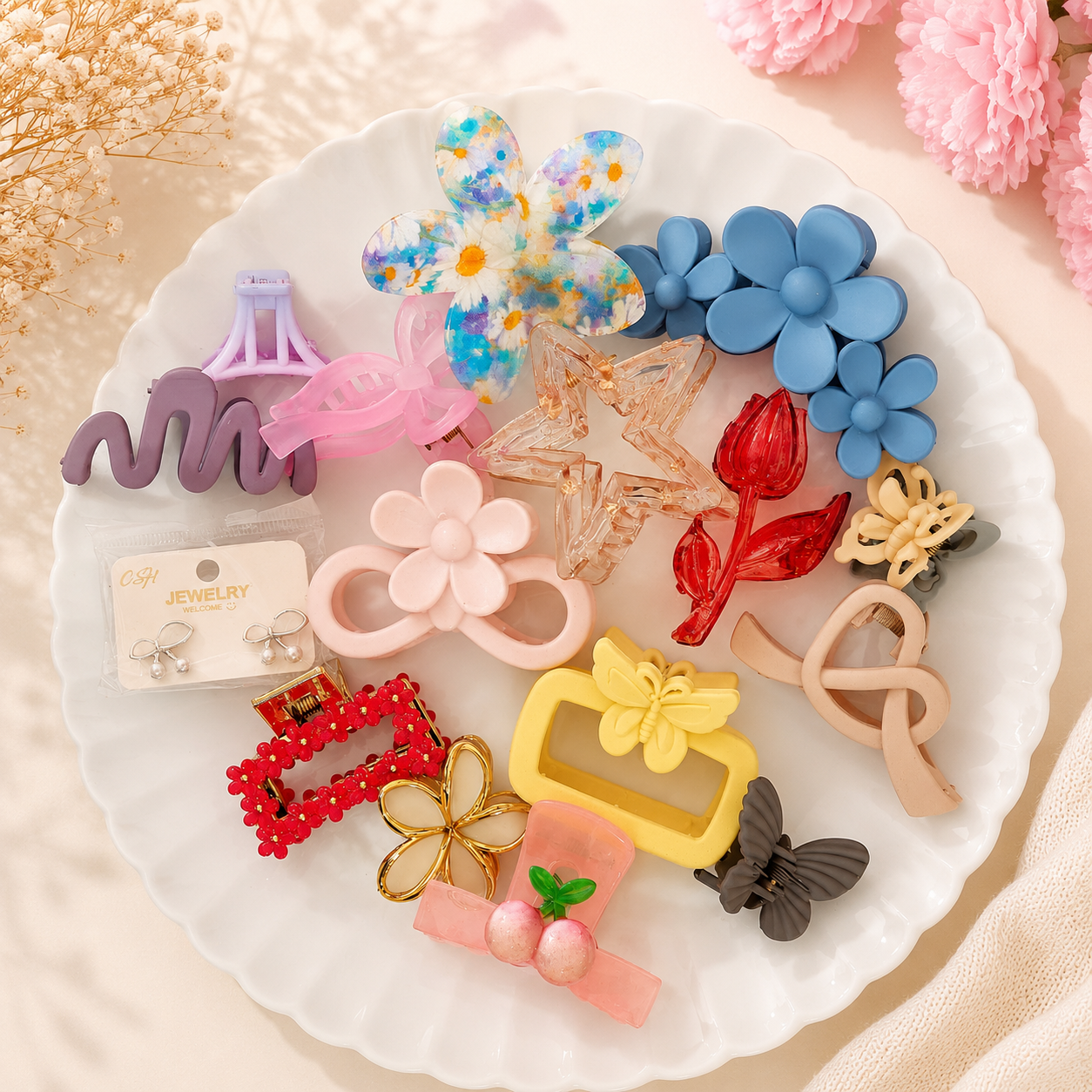 Premium Hair Accessories Combo Set – 16 Pieces for Women & Girls | Claw Clips, Earrings & Trendy Designs
